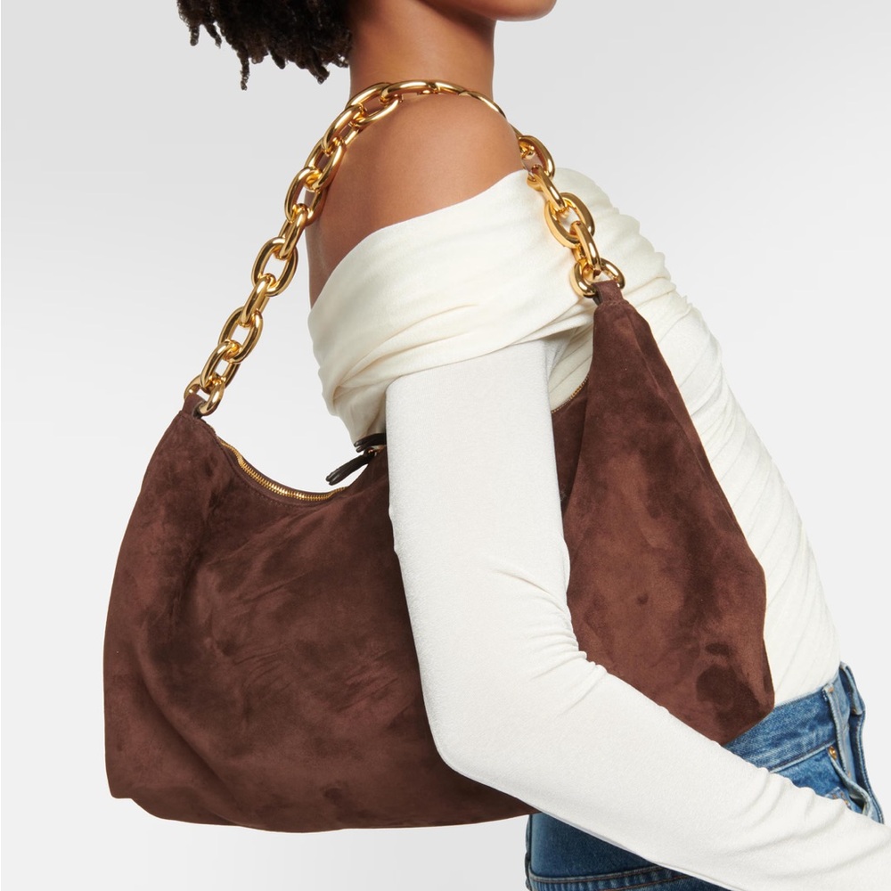 KHAITE Chocolate Suede Bag with Gold Chain